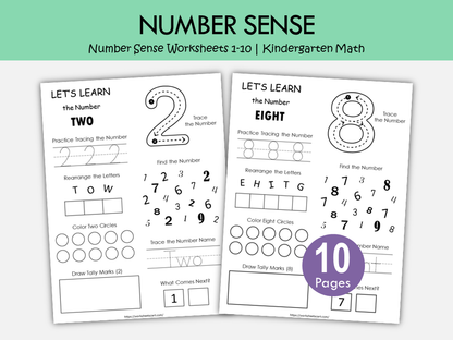Number Sense Worksheets 1–10 Printable | Kindergarten Math Activities | Number Tracing, Counting & Number Words Practice | Preschool Math PDF, WWF283