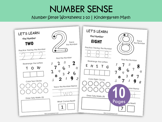 Number Sense Worksheets 1–10 Printable | Kindergarten Math Activities | Number Tracing, Counting & Number Words Practice | Preschool Math PDF, WWF283