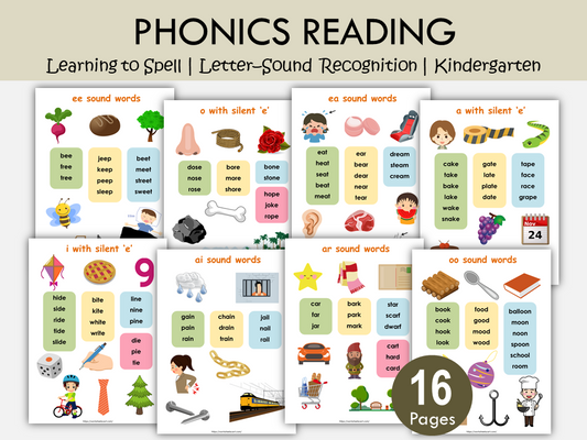 Phonics Reading Worksheets Printable – 16 Picture Phonics Spelling Pages, WWF317