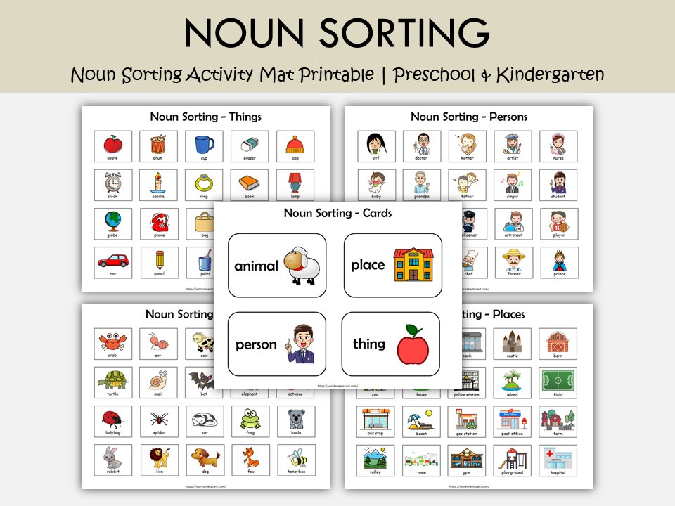 Noun Sorting Activity Mat Printable – Person, Place, Animal & Thing Grammar Game, WWF295