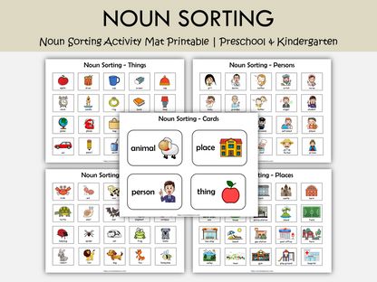 Noun Sorting Activity Mat Printable – Person, Place, Animal & Thing Grammar Game, WWF295