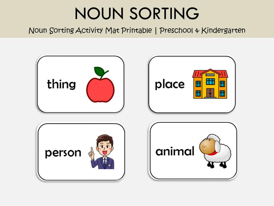 Noun Sorting Activity Mat Printable – Person, Place, Animal & Thing Grammar Game, WWF295