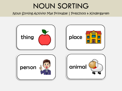Noun Sorting Activity Mat Printable – Person, Place, Animal & Thing Grammar Game, WWF295