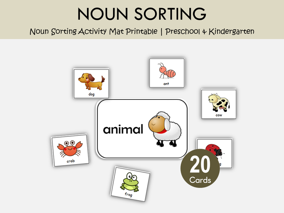 Noun Sorting Activity Mat Printable – Person, Place, Animal & Thing Grammar Game, WWF295