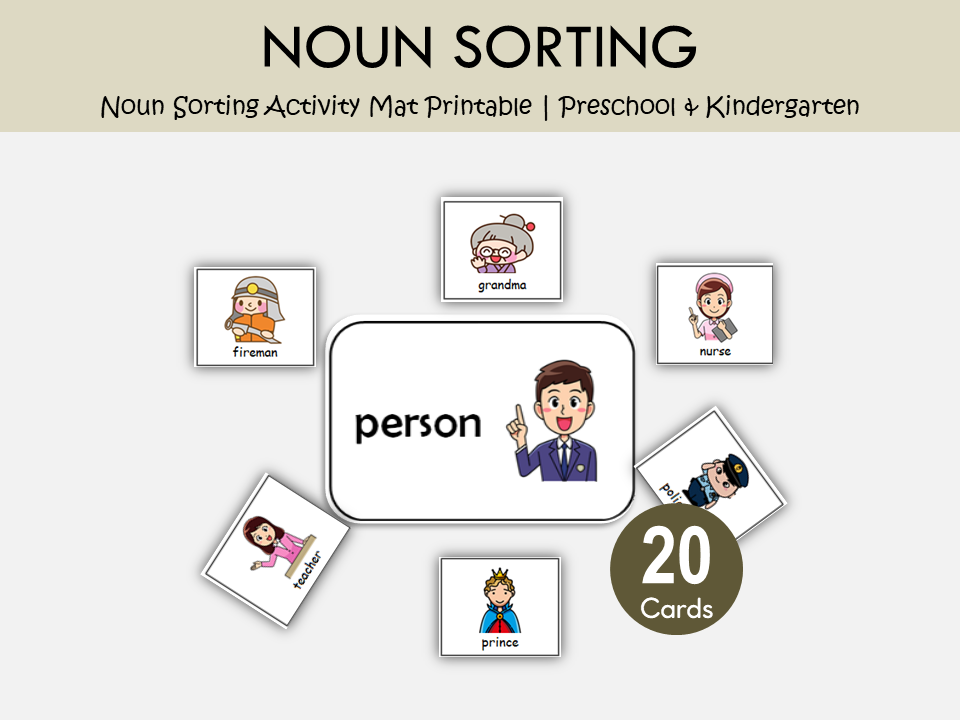 Noun Sorting Activity Mat Printable – Person, Place, Animal & Thing Grammar Game, WWF295