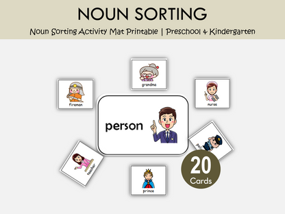 Noun Sorting Activity Mat Printable – Person, Place, Animal & Thing Grammar Game, WWF295