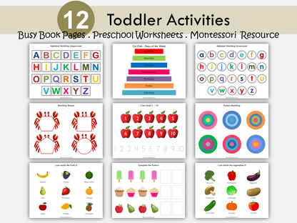 Busy Book Printable for Toddlers, Learning Binder for 2-3 years Preschool Worksheets, Preschool Curriculum, Kindergarten Activities Folder, WWF121