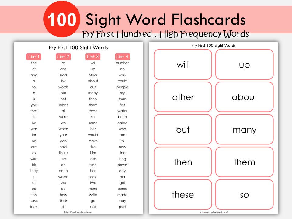 100 Printable Fry's First Hundred Sight Word Flash Cards for Kindergarten, High Frequency Words, Learning Sight Words, Grade 1, Homeschool, WWF130