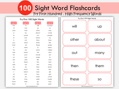 100 Printable Fry's First Hundred Sight Word Flash Cards for Kindergarten, High Frequency Words, Learning Sight Words, Grade 1, Homeschool, WWF130