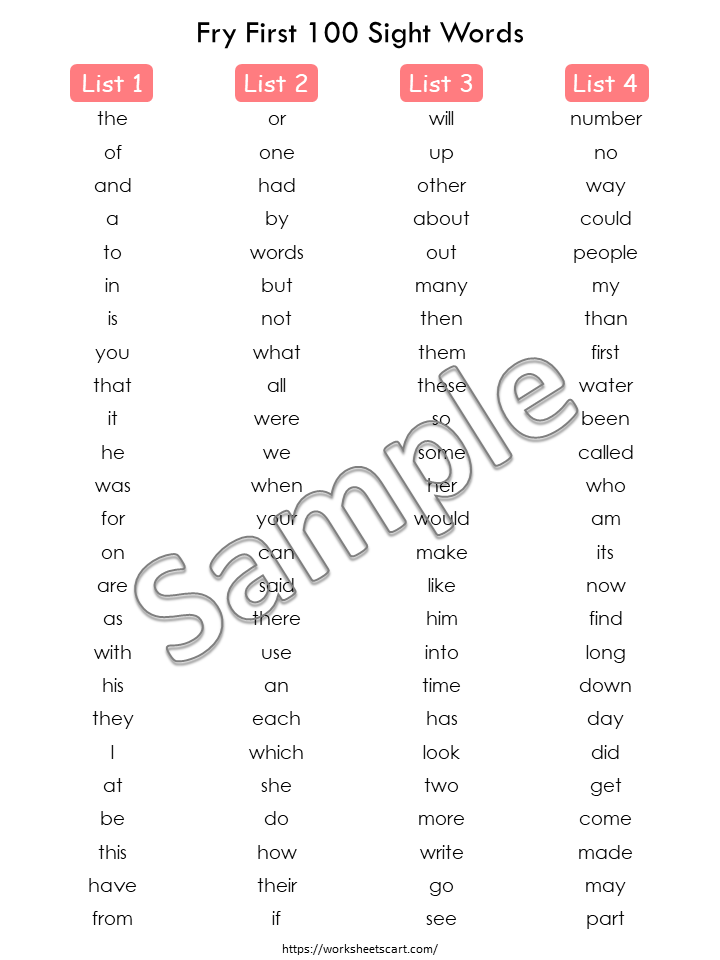 100 Printable Fry's First Hundred Sight Word Flash Cards for Kindergarten, High Frequency Words, Learning Sight Words, Grade 1, Homeschool, WWF130