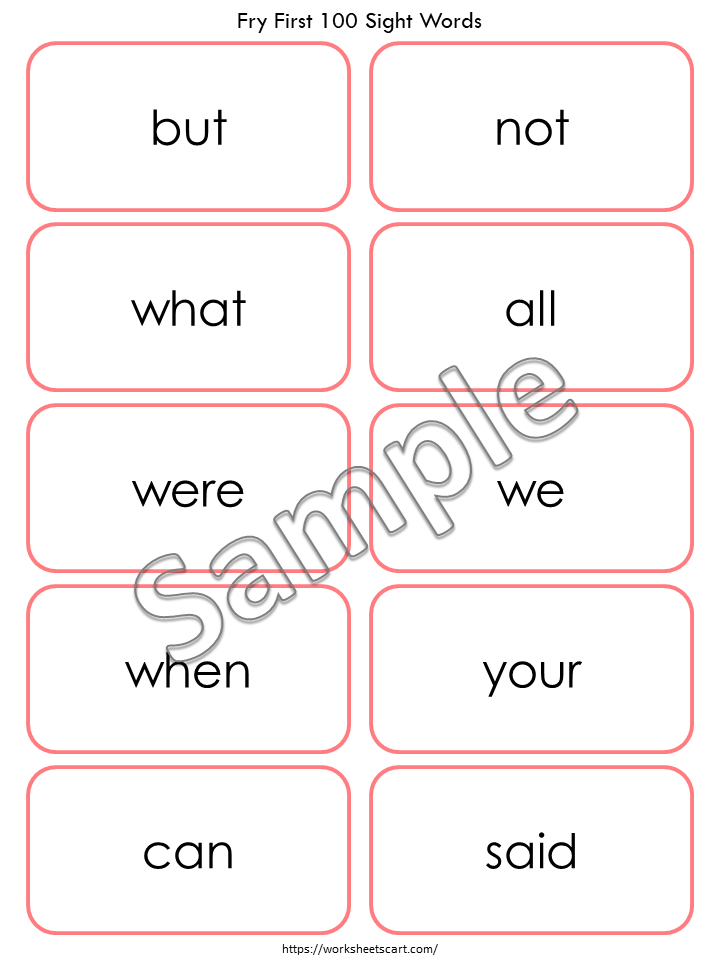 100 Printable Fry's First Hundred Sight Word Flash Cards for Kindergarten, High Frequency Words, Learning Sight Words, Grade 1, Homeschool, WWF130