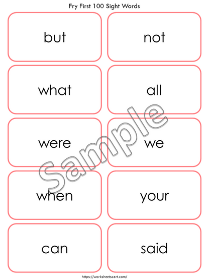 100 Printable Fry's First Hundred Sight Word Flash Cards for Kindergarten, High Frequency Words, Learning Sight Words, Grade 1, Homeschool, WWF130