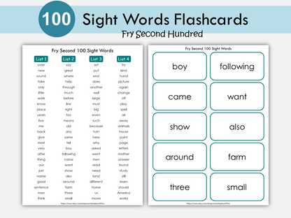 Sight Word Flashcards, Fry Second Hundred Sight Words Printable, Kindergarten, Ist Grade, High Frequency Words Flash Cards, Phonics, WWF132
