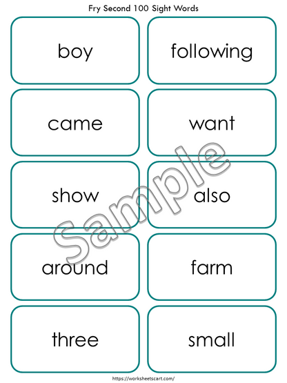 Sight Word Flashcards, Fry Second Hundred Sight Words Printable, Kindergarten, Ist Grade, High Frequency Words Flash Cards, Phonics, WWF132
