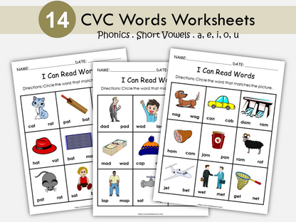 Phonics Worksheets, CVC Words, CVC Objects, Preschool Printable, Short Vowels, Kindergarten Reading, 3 Letters Words, First Grade, WWF161