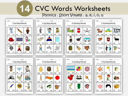 Phonics Worksheets, CVC Words, CVC Objects, Preschool Printable, Short Vowels, Kindergarten Reading, 3 Letters Words, First Grade, WWF161