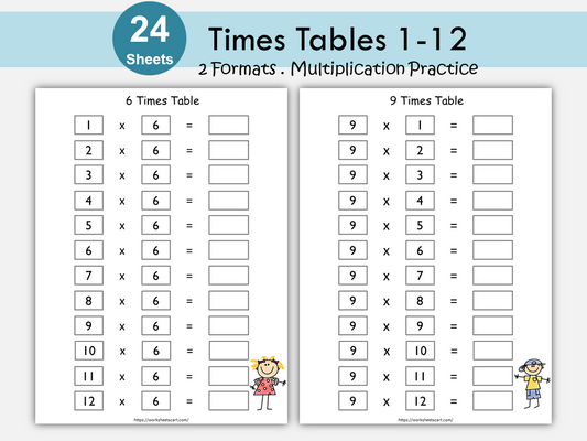 Times Tables Practice (1–12), Multiplication Facts Worksheets, Kindergarten, Ist Grade Math, Montessori Kids Resources, Digital Download, WWF164