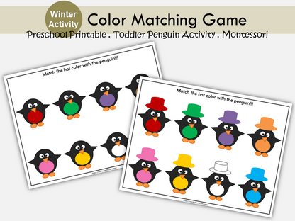 Color Matching Printable, Penguin Hat Color Matching Game For Toddlers, Busy Book, Color Activity, Busy Binder for Toddlers, Preschoolers, WWF178