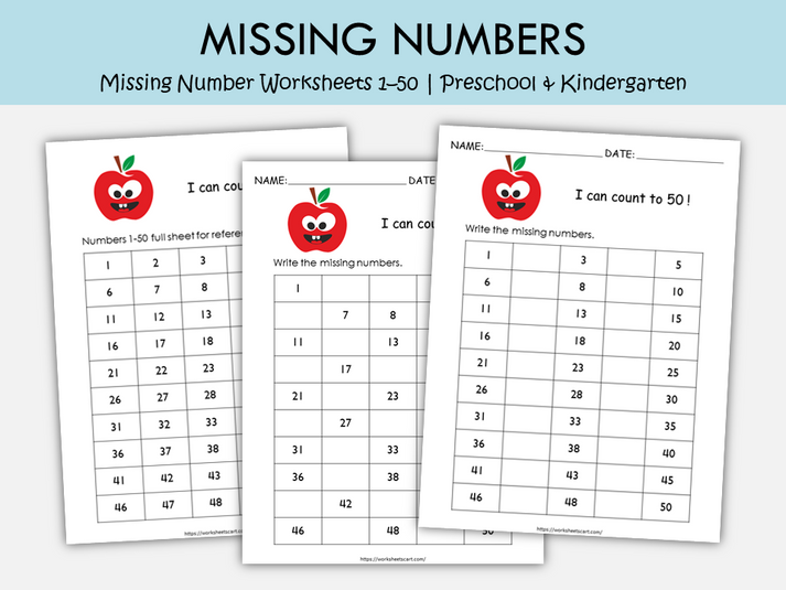 Missing Number Worksheets 1–50 | Preschool & Kindergarten Math Printab ...
