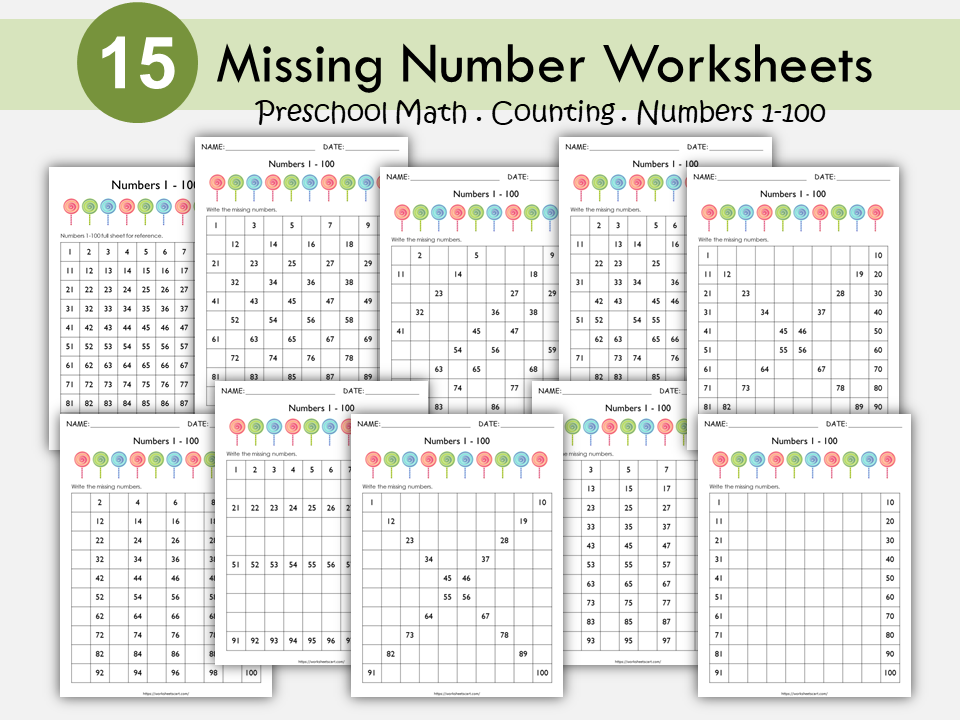Missing Numbers 1-100, Missing Number Hundred Chart, Numbers 1 to 100 Worksheets Printable, Preschool, Kindergarten Math, Instant Download, WWF185