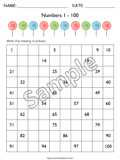 Missing Numbers 1-100, Missing Number Hundred Chart, Numbers 1 to 100 Worksheets Printable, Preschool, Kindergarten Math, Instant Download, WWF185