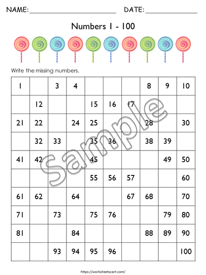Missing Numbers 1-100, Missing Number Hundred Chart, Numbers 1 to 100 Worksheets Printable, Preschool, Kindergarten Math, Instant Download, WWF185