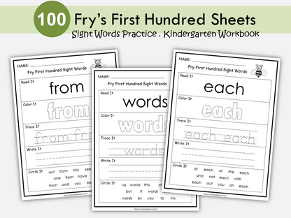 100 Fry Sight Words Worksheet Printable, Sight Words Bundle, Fry First Hundred Sight Word Work Sheets, Kindergarten, First Grade, Homeschool, WWF193