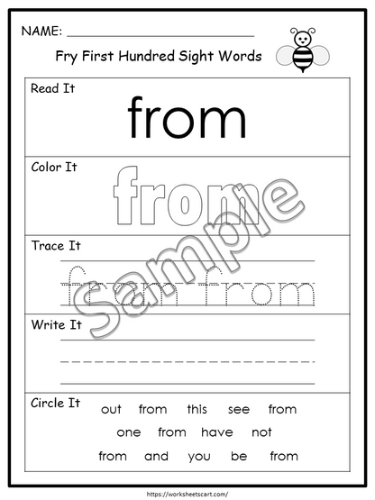 100 Fry Sight Words Worksheet Printable, Sight Words Bundle, Fry First Hundred Sight Word Work Sheets, Kindergarten, First Grade, Homeschool, WWF193