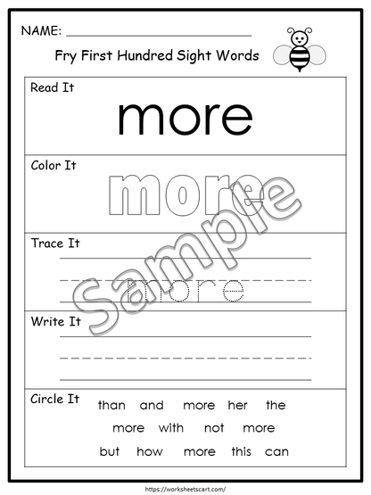 100 Fry Sight Words Worksheet Printable, Sight Words Bundle, Fry First Hundred Sight Word Work Sheets, Kindergarten, First Grade, Homeschool, WWF193