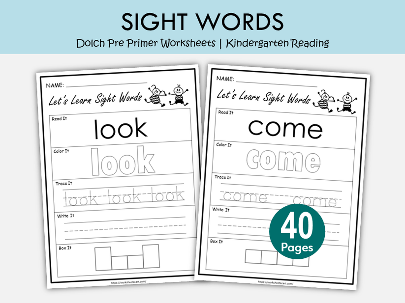 Sight Word Worksheet for Preschool, Dolch Pre Primer 40 Sight Words, S ...