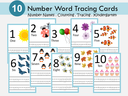 Number Words Tracing Cards, Number Tracing Worksheets, Counting to 10, Preschool, Handwriting Practice Sheet, Homeschool, Montessori, WWF206