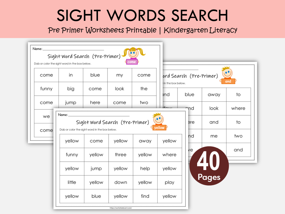 Pre-Primer Dolch Sight Words Worksheets | 40 High Frequency Words | Kindergarten Reading Activity Printable PDF, WWF210