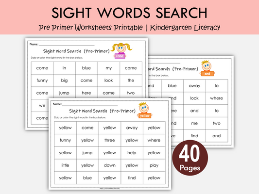 Sight Words Search Worksheets Printable – 40 Pre Primer Dolch Sight Words for Kindergarten Literacy Centers, WWF210