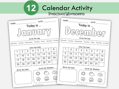 Calendar Worksheets for Kindergarten, Preschool Printable, Monthly Digital Calendar Pages, Month, Day, Date & Weather Activities, WWF213