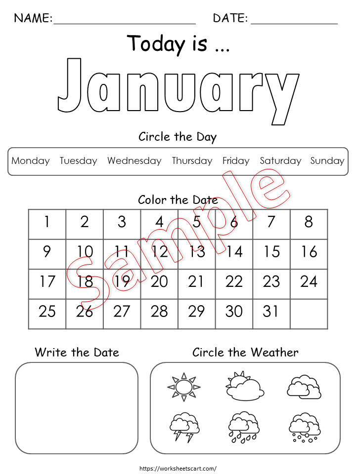 Daily Calendar Worksheets for Kids Printable PDF, Preschool & Kindergarten Morning Work, Date and Weather Learning Activity Pages, WWF213