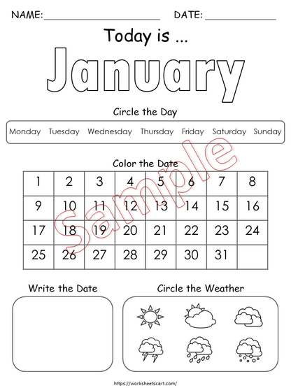 Daily Calendar Worksheets for Kids Printable PDF, Preschool & Kindergarten Morning Work, Date and Weather Learning Activity Pages, WWF213