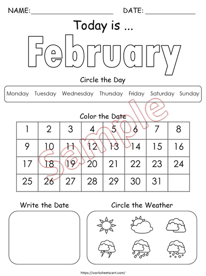 Daily Calendar Worksheets for Kids Printable PDF, Preschool & Kindergarten Morning Work, Date and Weather Learning Activity Pages, WWF213