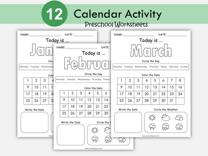 Calendar Worksheets for Kindergarten, Preschool Printable, Monthly Digital Calendar Pages, Month, Day, Date & Weather Activities, WWF213