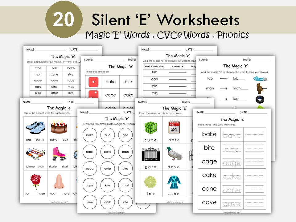 Silent E Words Printable, Kindergarten Worksheets, Magic E, Grade 1 English Grammar Book,  CVCe , Bossy E , Phonics, Homeschool, Educational