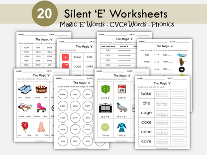 Silent E Words Printable, Kindergarten Worksheets, Magic E, Grade 1 English Grammar Book,  CVCe , Bossy E , Phonics, Homeschool, Educational