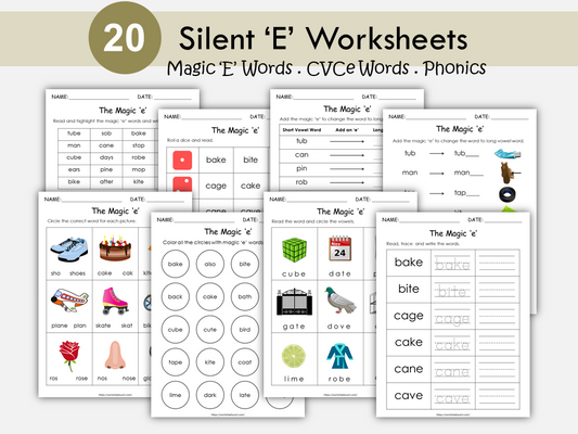 Silent E Words Printable, Kindergarten Worksheets, Magic E, Grade 1 English Grammar Book,  CVCe , Bossy E , Phonics, Homeschool, Educational, WWF217