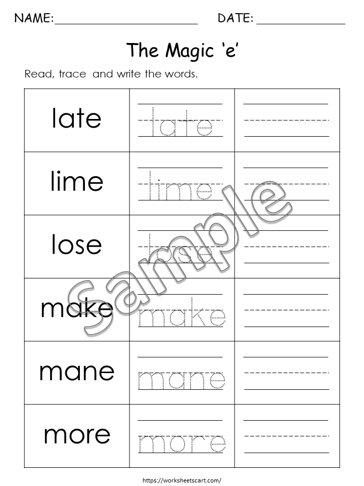 Silent E Words Printable, Kindergarten Worksheets, Magic E, Grade 1 English Grammar Book,  CVCe , Bossy E , Phonics, Homeschool, Educational