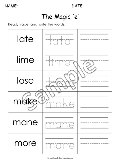 Silent E Words Printable, Kindergarten Worksheets, Magic E, Grade 1 English Grammar Book,  CVCe , Bossy E , Phonics, Homeschool, Educational