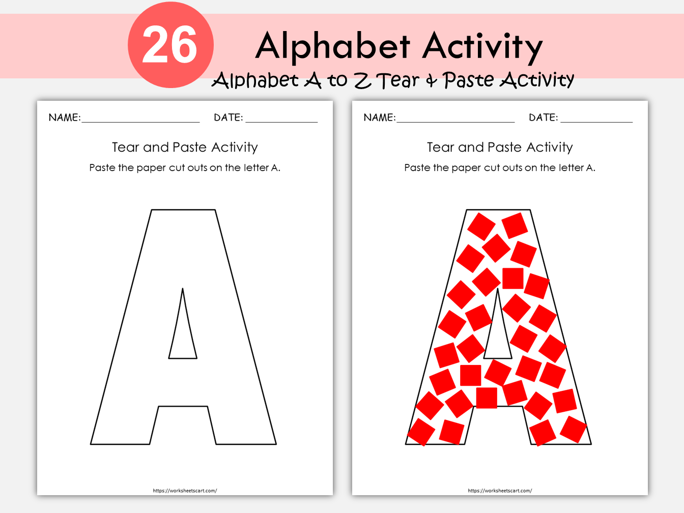 Preschool Alphabet Activity, PreK Letter Worksheets, Kindergarten Worksheets, 26 Tear and Paste Activities, Uppercase Letters Recognition, WWF232