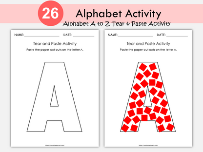 Preschool Alphabet Activity, PreK Letter Worksheets, Kindergarten Worksheets, 26 Tear and Paste Activities, Uppercase Letters Recognition, WWF232