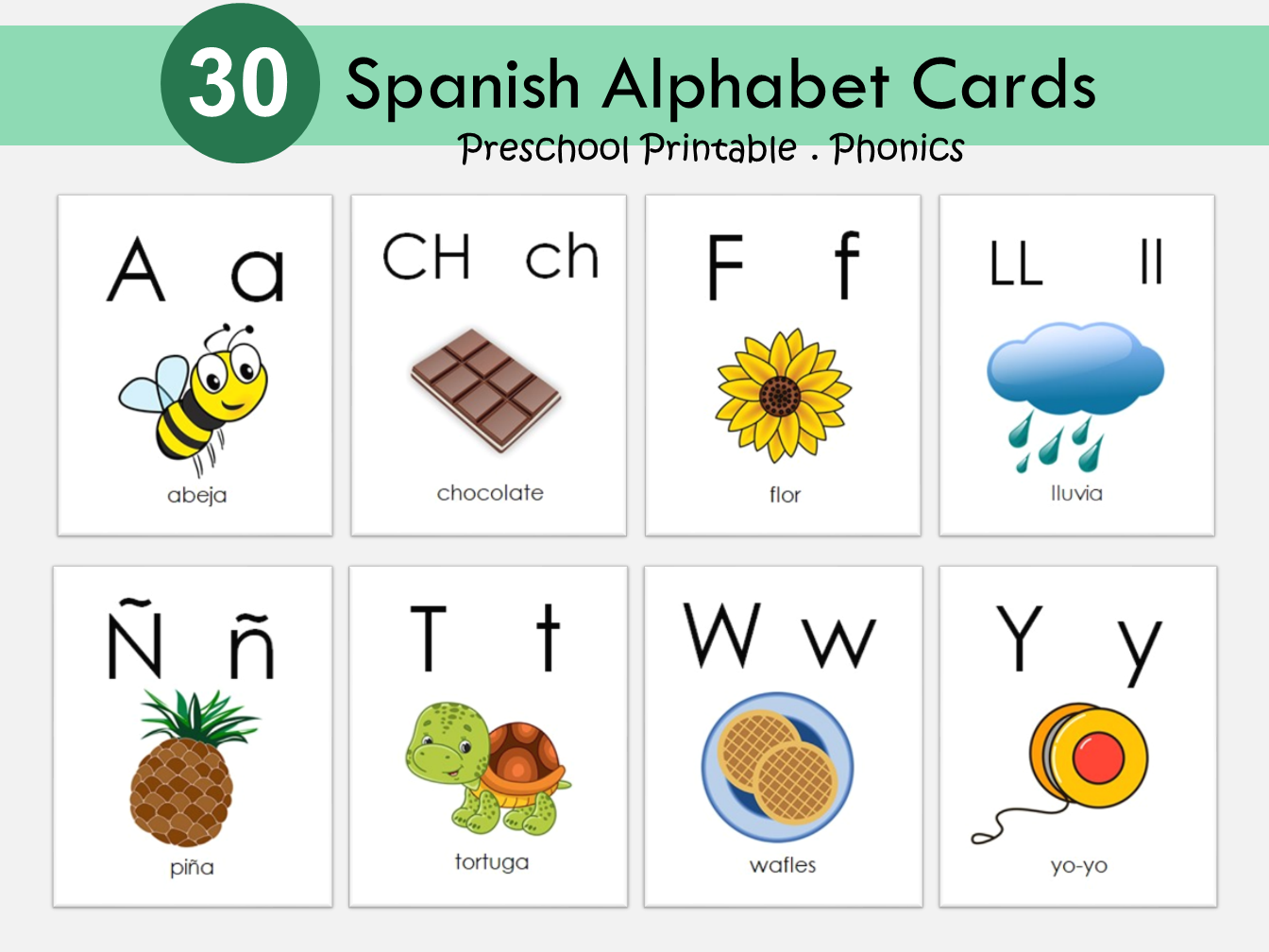 Spanish Alphabet Flashcards Printable, Spanish Alphabet Picture Flash Cards For Toddlers, Preschooler, Abecedario For Montessori, WWF234