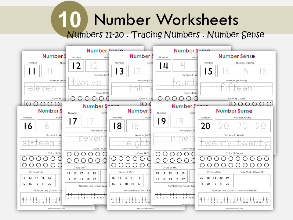 Number Worksheets for Preschool, Tracing Numbers for Kids, Numbers 11-20, Number of the Day, PreK Printable, Kindergarten Math, Number Sense, WWF238