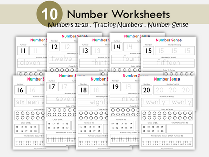 Number Worksheets for Preschool, Tracing Numbers for Kids, Numbers 11-20, Number of the Day, PreK Printable, Kindergarten Math, Number Sense, WWF238