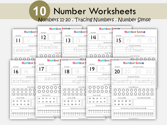 Number Worksheets for Preschool, Tracing Numbers for Kids, Numbers 11-20, Number of the Day, PreK Printable, Kindergarten Math, Number Sense, WWF238