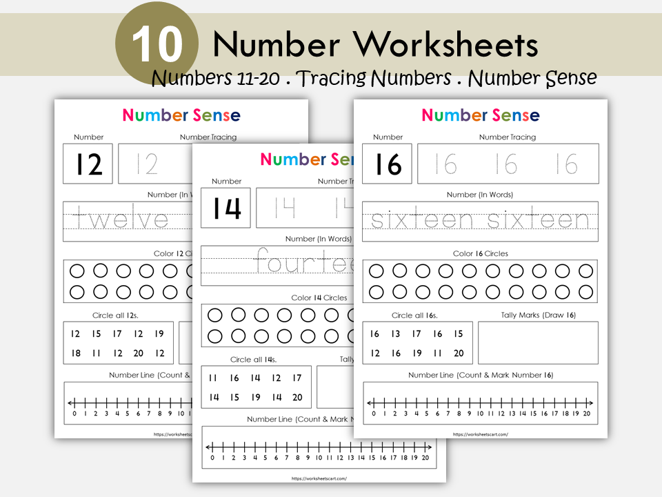 Number Worksheets for Preschool, Tracing Numbers for Kids, Numbers 11-20, Number of the Day, PreK Printable, Kindergarten Math, Number Sense, WWF238